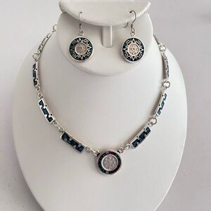 Sterling Silver 925 Aztec Mayan Turquoise  Necklace And Earrings Set